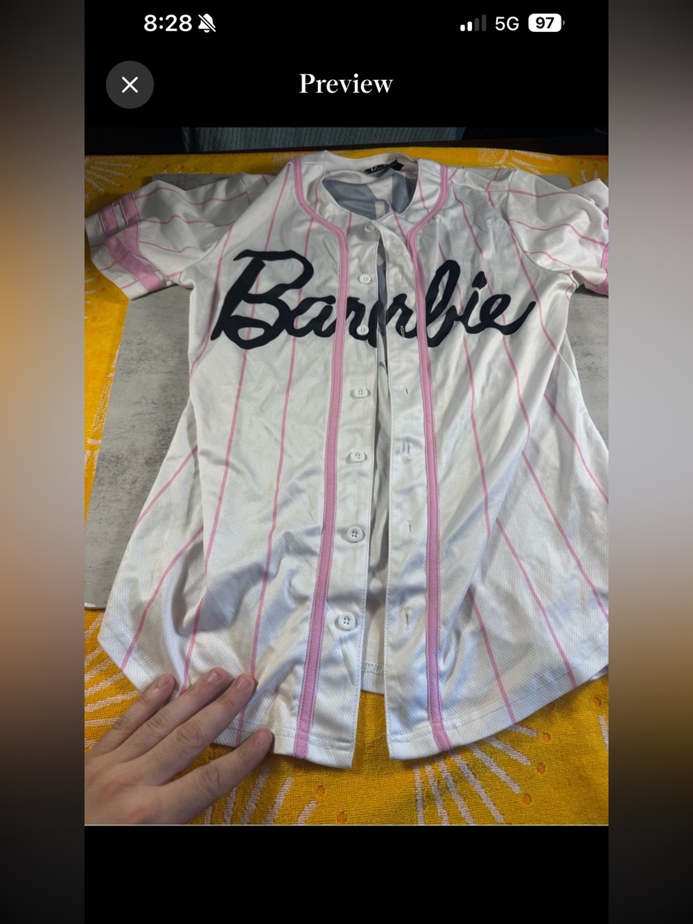 Barbie White Baseball Jersey with Pink Pinstripes and Navy Script